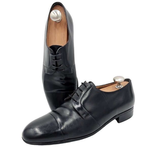 Vintage A. Testoni Men's 8 Italian Black Calf Leather Dress Shoe Cap-toe Oxfords - Picture 11 of 16